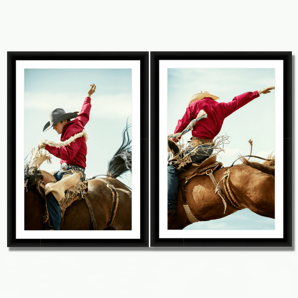 Díptico de fotos de vaqueros corcoveando del fotógrafo Andy Anderson para decoración del hogar y coleccionismo