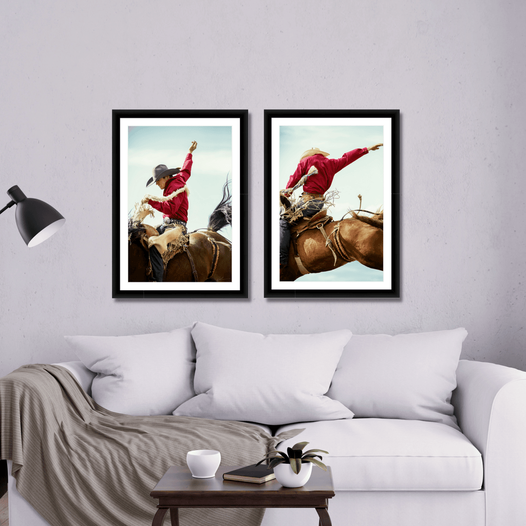 Díptico de fotos de vaqueros corcoveando del fotógrafo Andy Anderson para decoración del hogar y coleccionismo